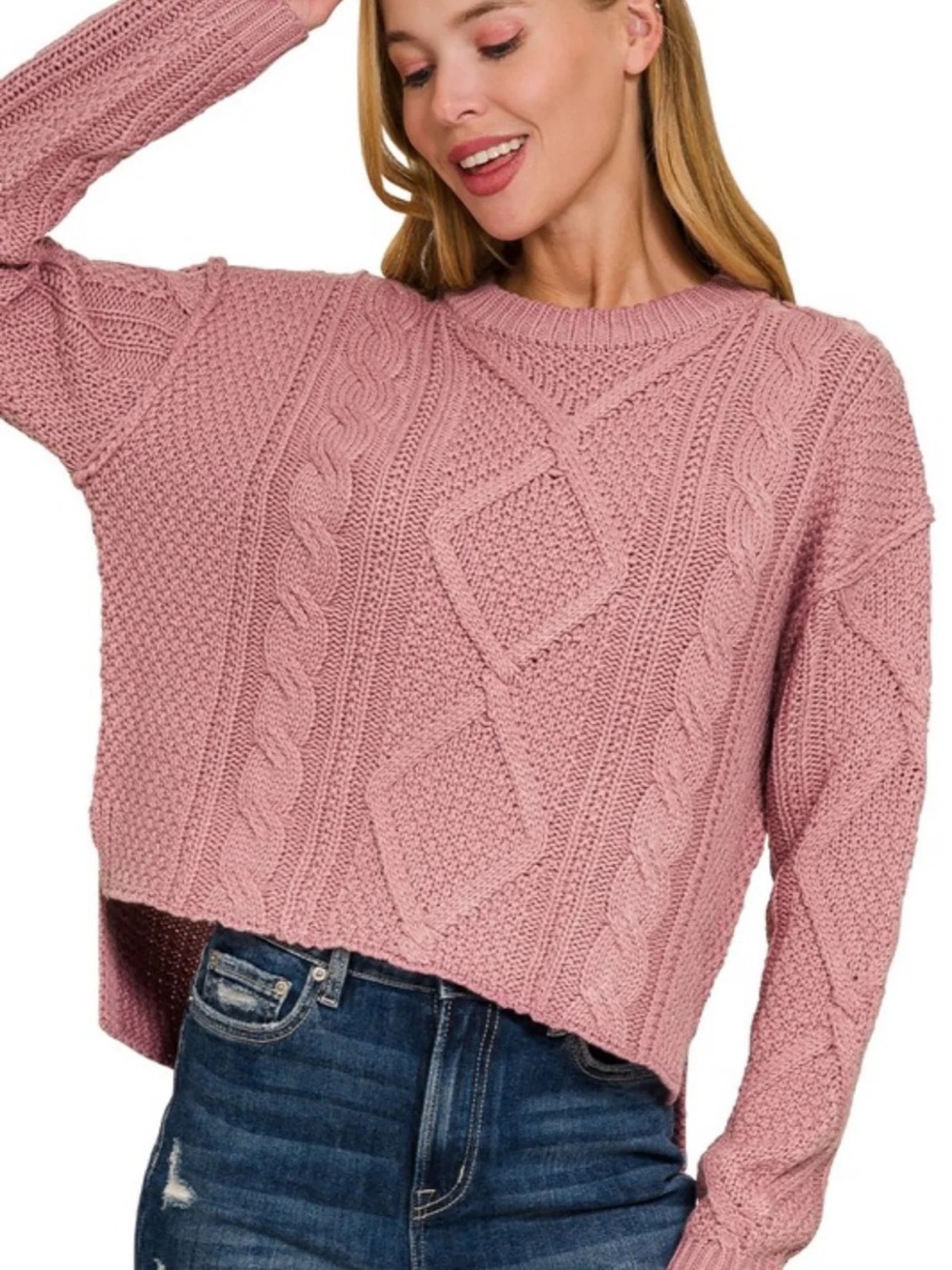NWT Zenana Cable Knit Sweater Size Small Mauve Oversized 100% Cotton Cozy Fall